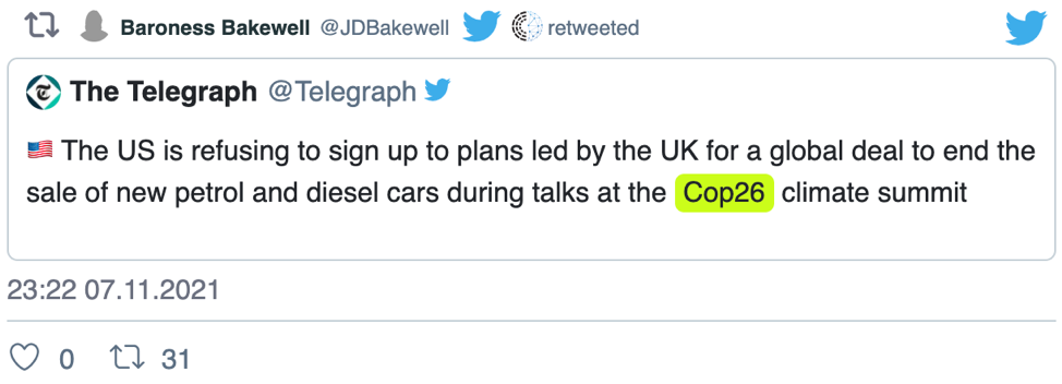 Events in the UK Parllimanet- Baroness Bakewell retweets about COP26.