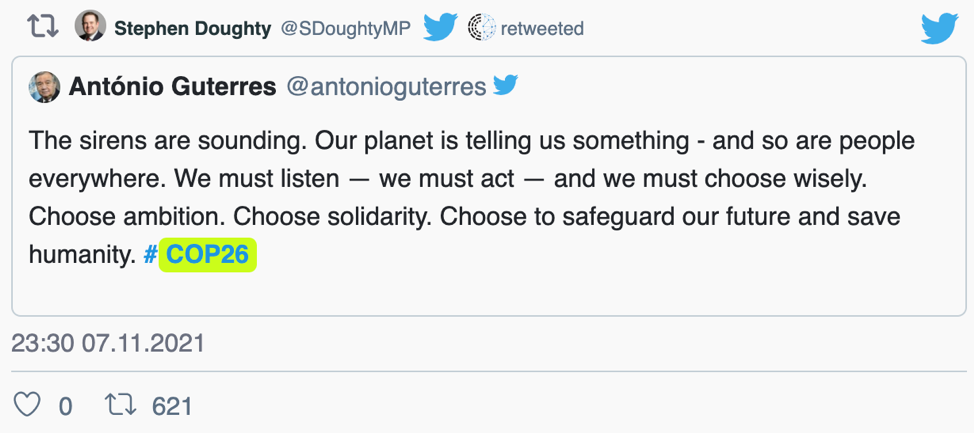 Events in the UK Parllimanet- Stephen Doughty retweets about COP26.