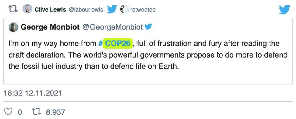 Clive Lewis hat den Tweet von George Monbiot über die Klimakonferenz retweetet.