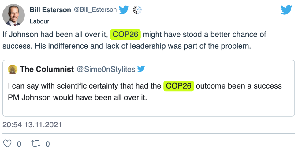 Bill Esterson retweetete den Tweet von The Columnist über die Klimakonferenz.