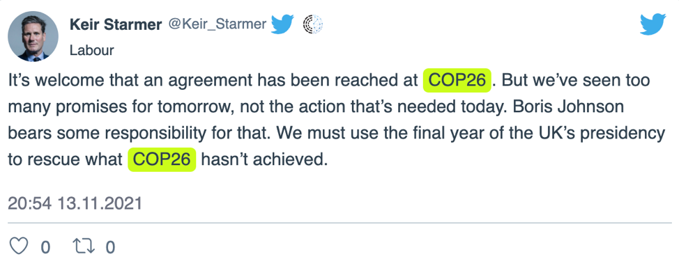 Keir Stamer tweets about the UN Climate Change Conference.