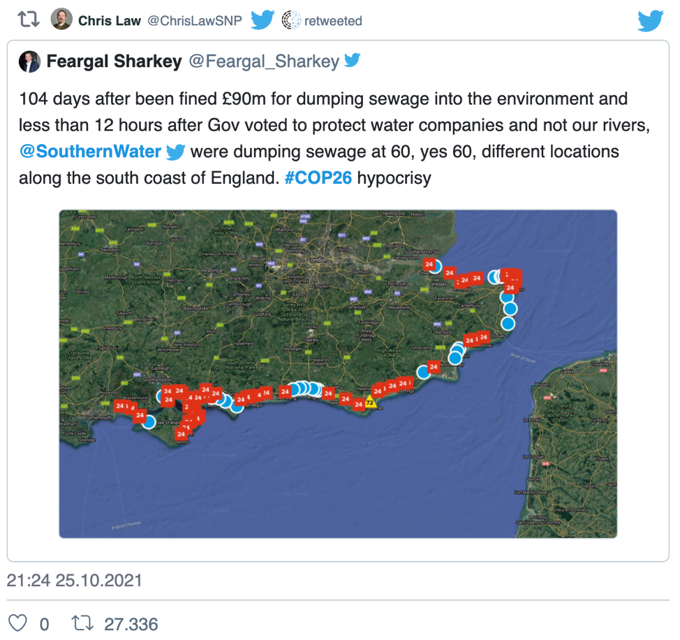 Tweet by Feargal Sharkey regarding sewage dumping.