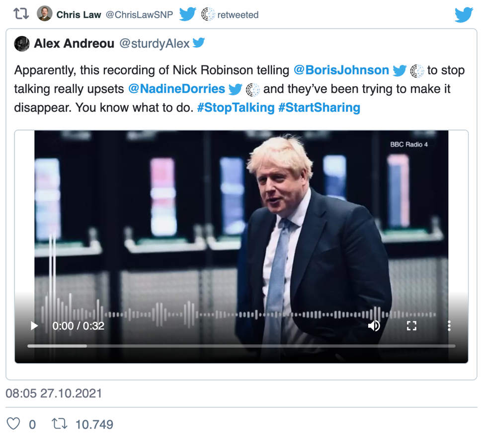 Tweet by Alex Andreou about the Nick Robinson vs Boris Johnson controversy.
