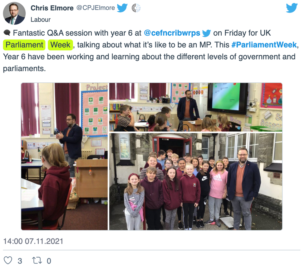 Events in the UK Parllimanet- Chris Elmore tweets about the UK Parliament week.