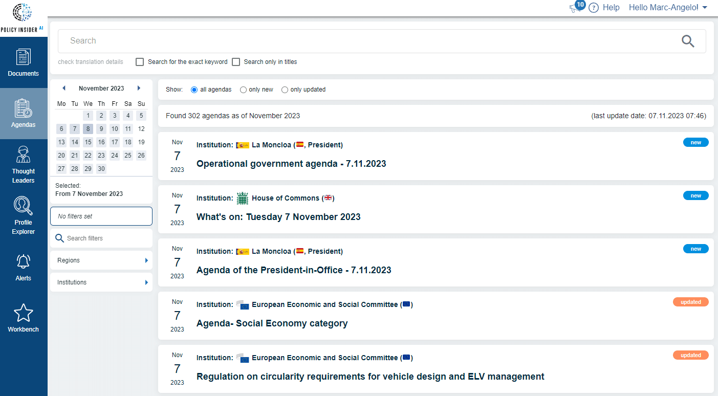 Tableau de bord Agendas de Policy-Insider.AI