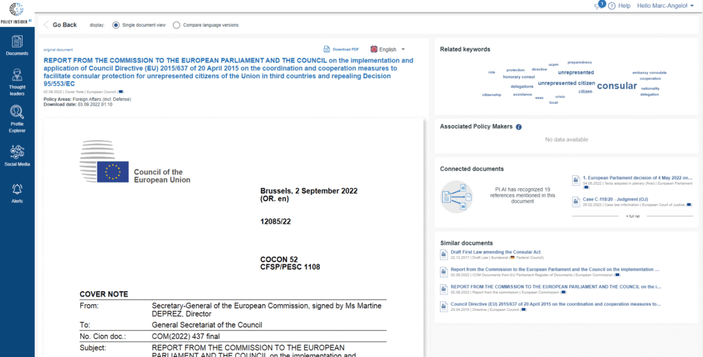 Vista detallada de documentos pol&iacute;ticos con identificaci&oacute;n de documentos conectados impulsada por IA