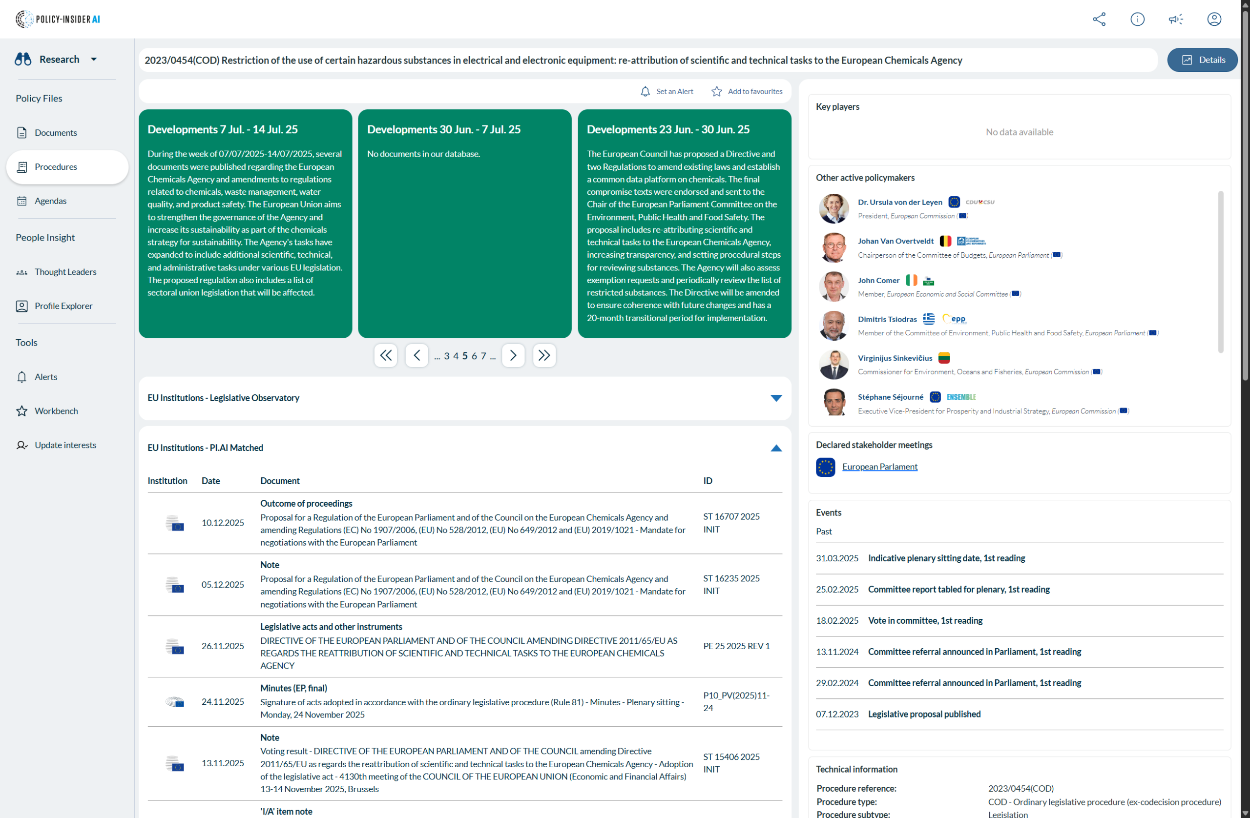 Policy-Insider.AI WebApp — legislative tracker view showing structured monitoring of bills and institutional activity