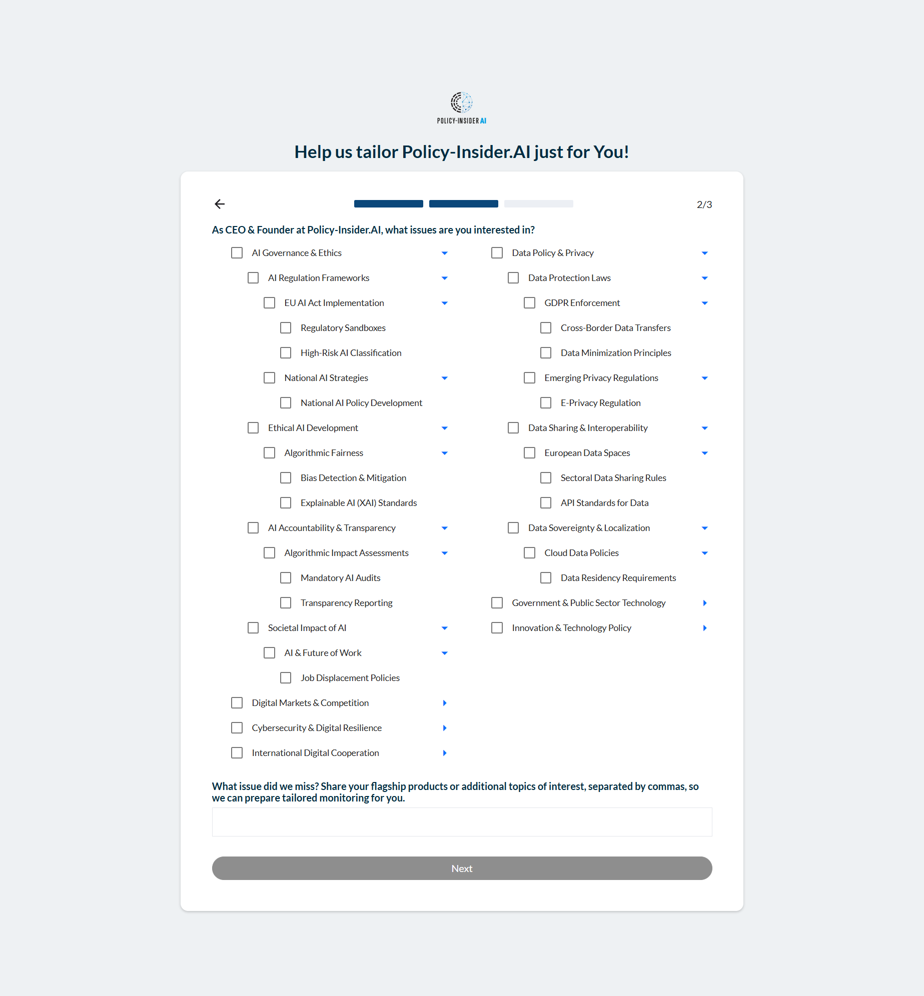 Policy-Insider.AI WebApp — AI onboarding screen guiding the user through issue, keyword and alert setup